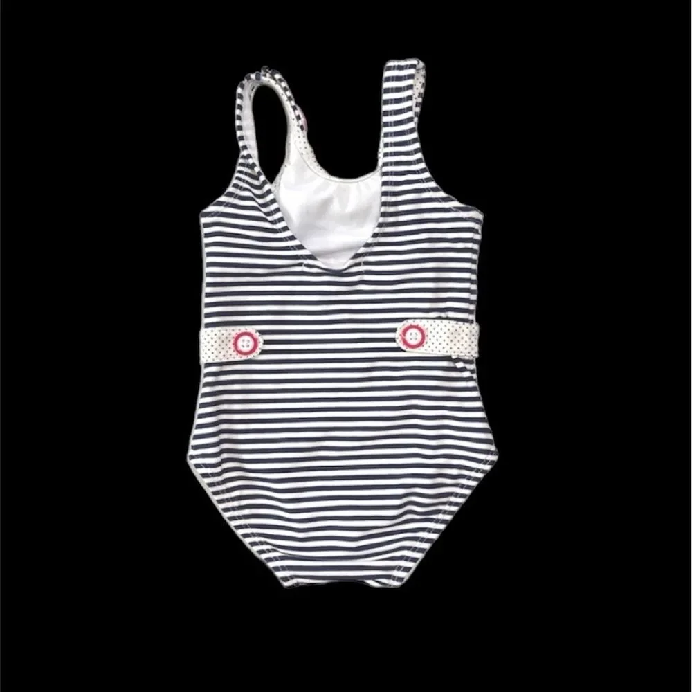 Janie And Jack One-Piece Swimsuit Nautical Stripes Polka Dot Buttons Size 12-18M